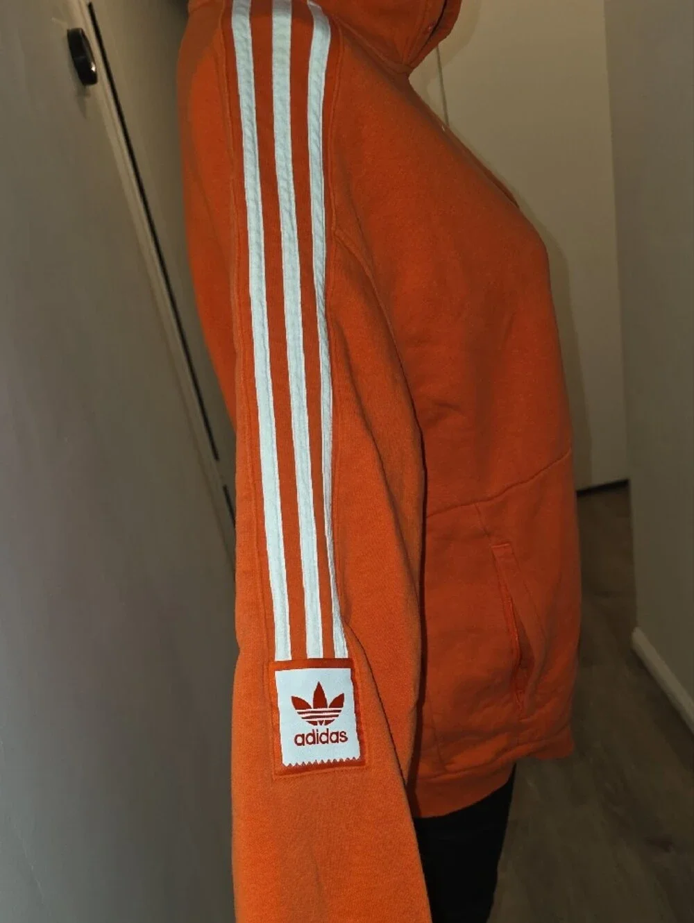 adidas Orange Crewneck Hoodie with White Shoulder Stripes - Picture 3 of 8